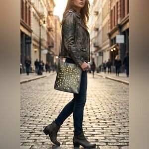 Studded Black and Gold Women's Bag with Rhinestones and brass studs